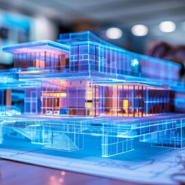 Darstellung eines digitalen Gebäudemodells (Building Information Modeling, BIM) als leuchtendes, transparentes 3D-Modell auf einem Bauplan, das die digitale Planung und Prüfung von Bauwerken veranschaulicht.