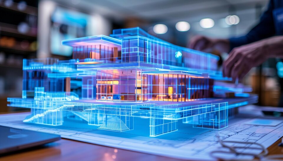 Darstellung eines digitalen Gebäudemodells (Building Information Modeling, BIM) als leuchtendes, transparentes 3D-Modell auf einem Bauplan, das die digitale Planung und Prüfung von Bauwerken veranschaulicht.