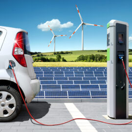 Das Bild zeigt ein Elektroauto, das an einer Ladestation mit einem roten Kabel angeschlossen ist. Im Hintergrund befinden sich Solarpaneele und Windräder, die auf die Nutzung erneuerbarer Energien hinweisen. Die Szene spielt sich im Freien an einem sonnigen Tag mit blauem Himmel und einigen Wolken ab.