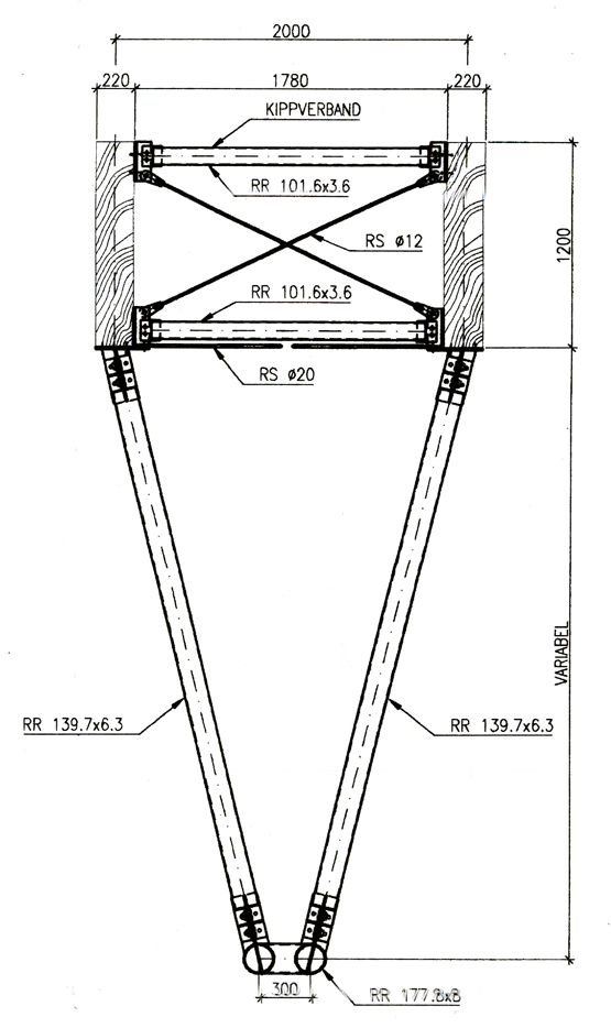 Das Bild zeigt eine technische Zeichnung einer Konstruktion mit mehreren Maßangaben. Oben befindet sich ein rechteckiger Rahmen mit Querstreben und diagonalen Verstrebungen, die als Kippverband gekennzeichnet sind. Von diesem Rahmen verlaufen zwei schräge Rohre nach unten, die sich an einem schmalen unteren Punkt treffen, wodurch eine V-förmige Struktur entsteht. Alle Rohre sind mit genauen Durchmessern und Materialangaben versehen, und die Zeichnung enthält detaillierte Maße für Breite, Höhe und Abstände.