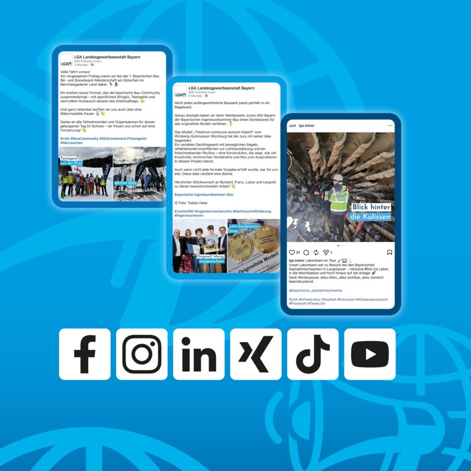 > Grafik mit drei Beispielbeiträgen aus den Social-Media-Kanälen der LGA sowie den Logos von Facebook, Instagram, LinkedIn, X, TikTok und YouTube auf blauem Hintergrund.