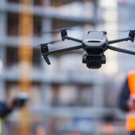 Eine Drohne schwebt im Vordergrund vor einer Baustelle und wird für die Inspektion oder Vermessung des Bauwerks eingesetzt. Im unscharfen Hintergrund sind zwei Personen mit Schutzhelmen und Warnwesten zu erkennen, die die Arbeiten auf der Baustelle begleiten oder die Drohne steuern.