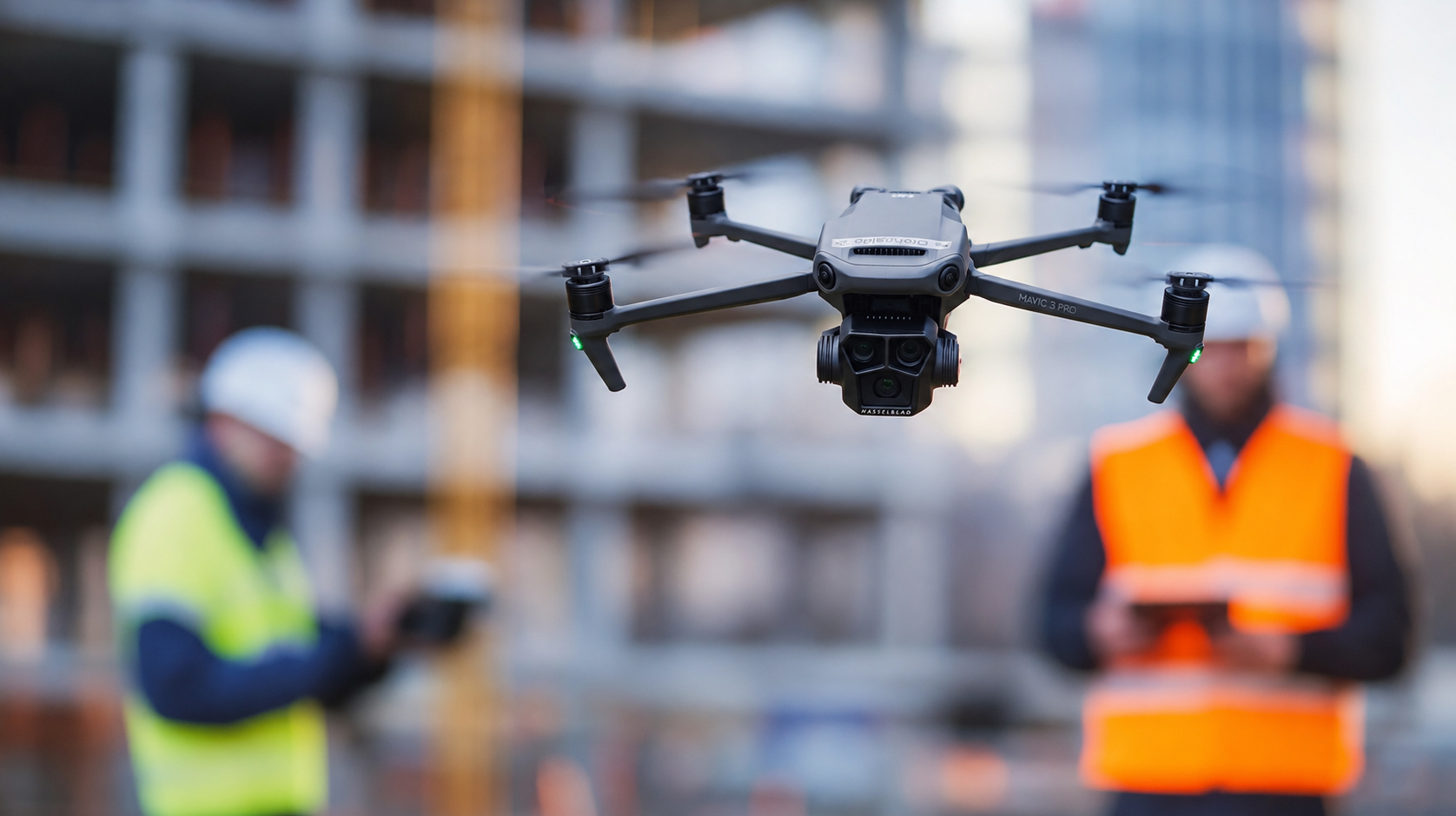 Eine Drohne schwebt im Vordergrund vor einer Baustelle und wird für die Inspektion oder Vermessung des Bauwerks eingesetzt. Im unscharfen Hintergrund sind zwei Personen mit Schutzhelmen und Warnwesten zu erkennen, die die Arbeiten auf der Baustelle begleiten oder die Drohne steuern.