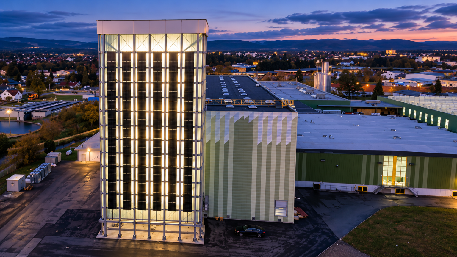 Luftaufnahme des Energy Towers bei Abenddämmerung. Der 38 Meter hohe, beleuchtete Stahlturm mit integrierten Photovoltaikmodulen steht neben einer großen Industriehalle. Im Hintergrund erstrecken sich eine Stadtlandschaft und bewaldete Hügel unter einem blau-violetten Abendhimmel.
