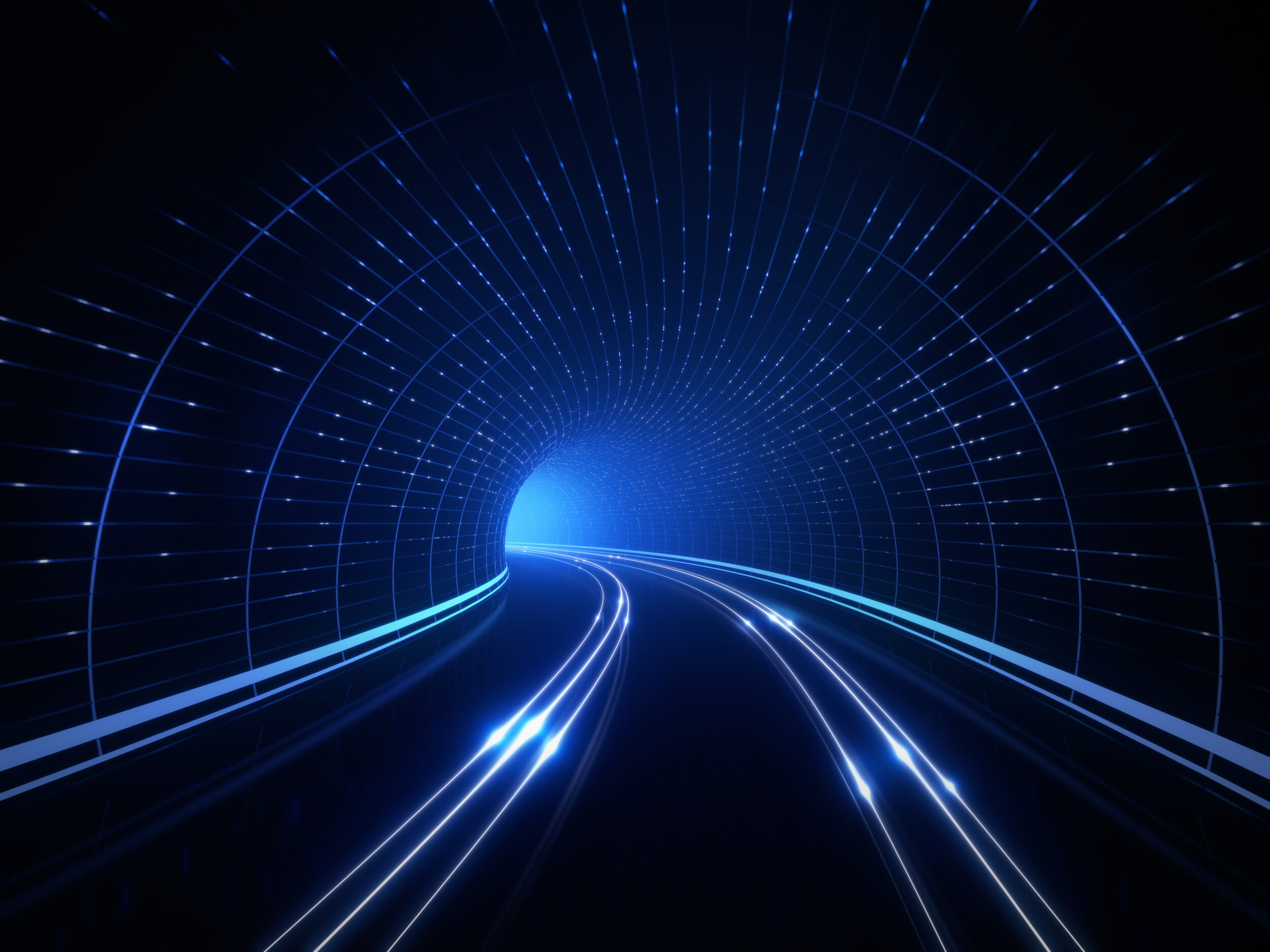 Das Bild zeigt einen futuristischen Tunnel mit leuchtend blauen Lichtern. Der Tunnel ist gebogen, und entlang seines Verlaufs verlaufen Lichtspuren, die Bewegung und Geschwindigkeit vermitteln. Dünne blaue Linien an den Tunnelwänden verstärken die Perspektive und erzeugen einen modernen, technologischen Eindruck.