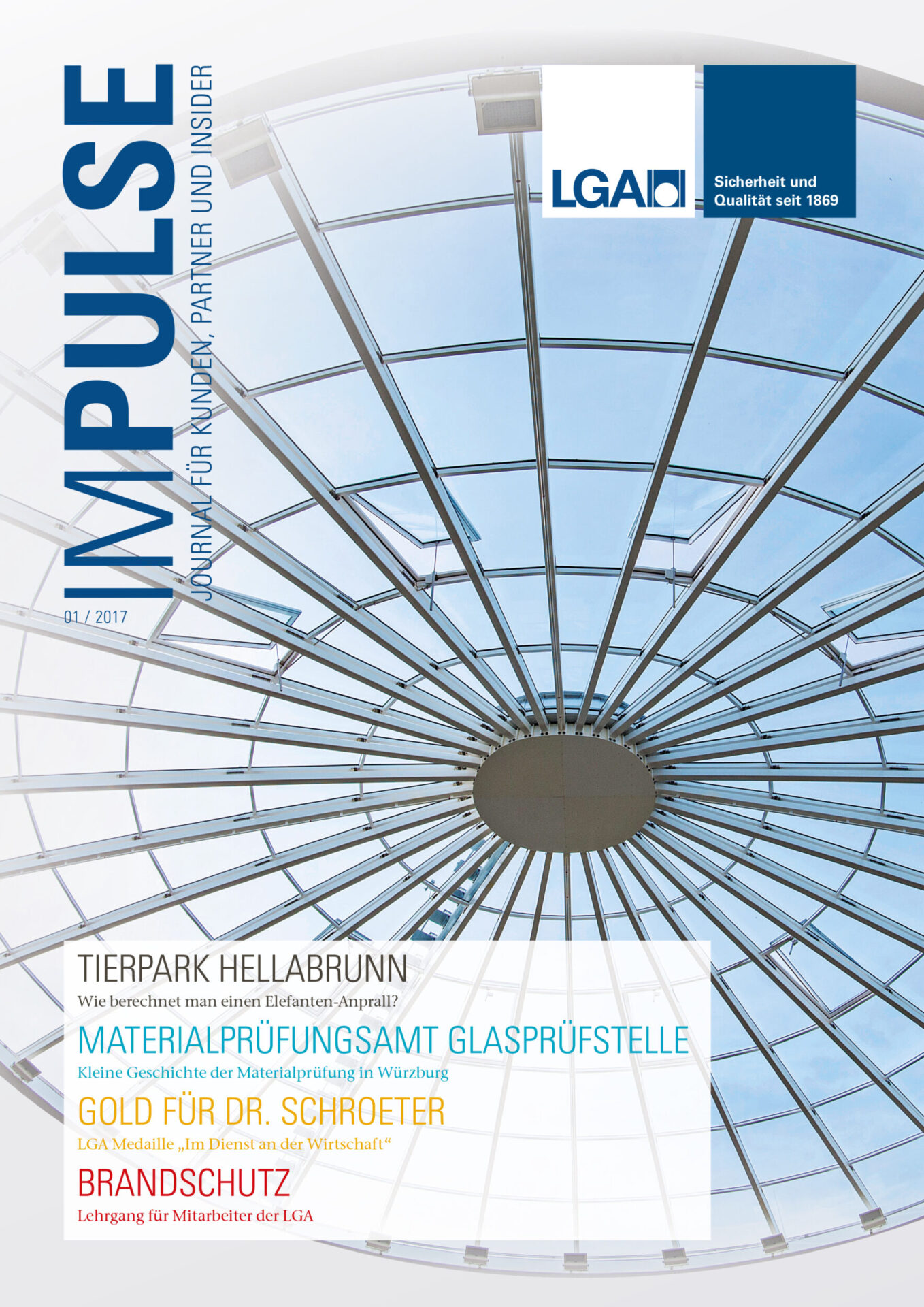 Auf dem Bild ist das Titelblatt einer Zeitschrift mit dem Namen „IMPULSE“ zu sehen. Es zeigt eine gläserne Kuppeldecke mit Metallstreben in moderner Architektur. Die Gestaltung wirkt technisch und sachlich.