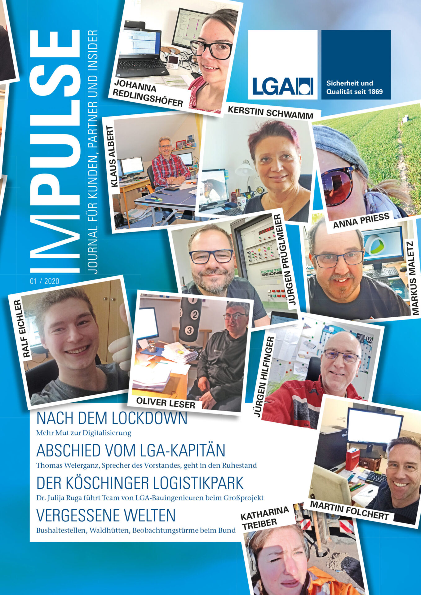Auf dem Bild ist das Titelblatt einer Zeitschrift mit dem Namen „IMPULSE“ zu sehen. Es zeigt mehrere Selfies von Personen an deren Arbeitsplatz. Die Gestaltung wirkt informativ und thematisiert verschiedene Beiträge rund um Bau, Digitalisierung und Personalwechsel.