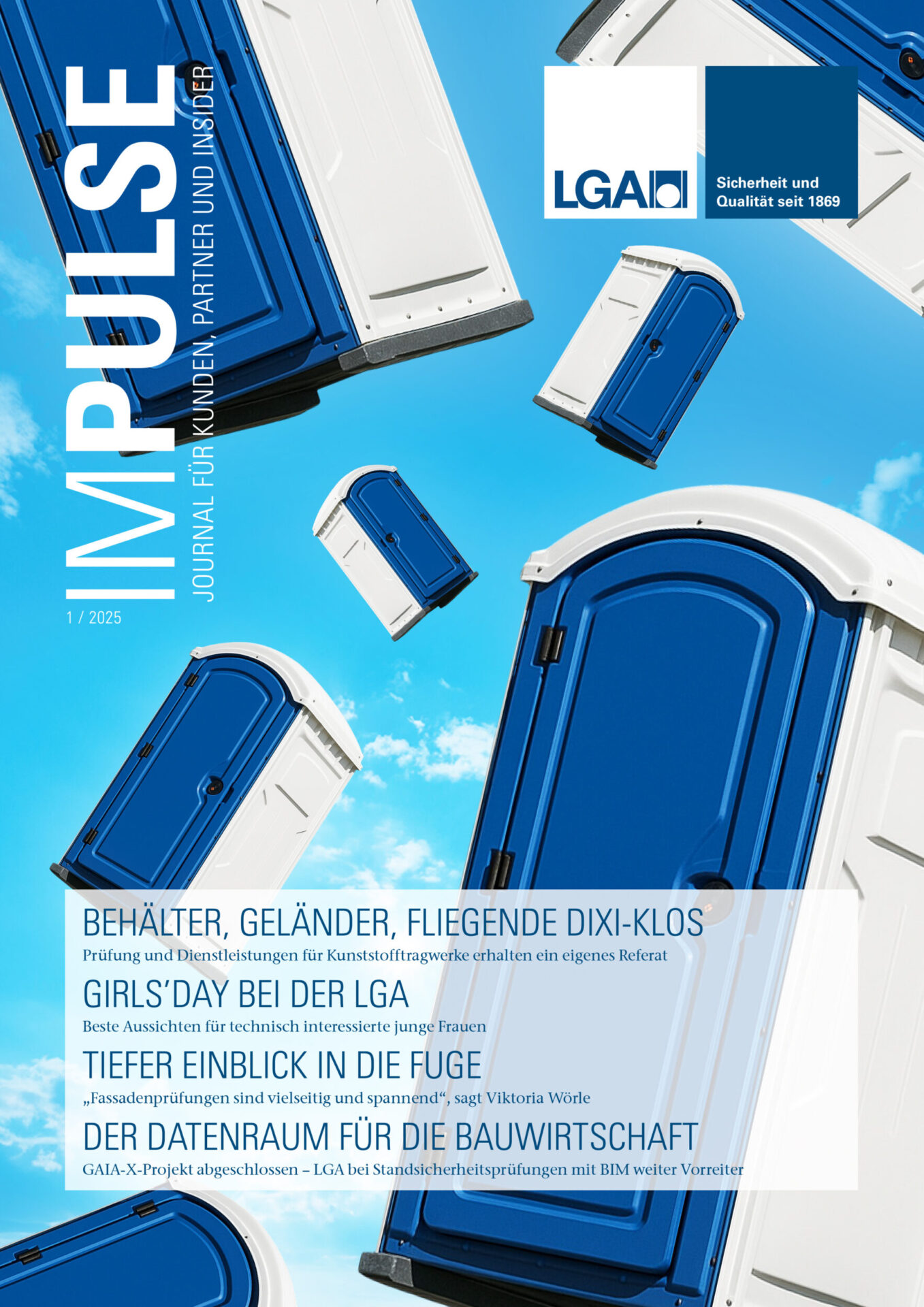 Auf dem Bild ist das Titelblatt einer Zeitschrift mit dem Namen „IMPULSE“ zu sehen. Der Hintergrund zeigt mehrere blaue und weiße mobile Toiletten, die scheinbar am Himmel schweben.