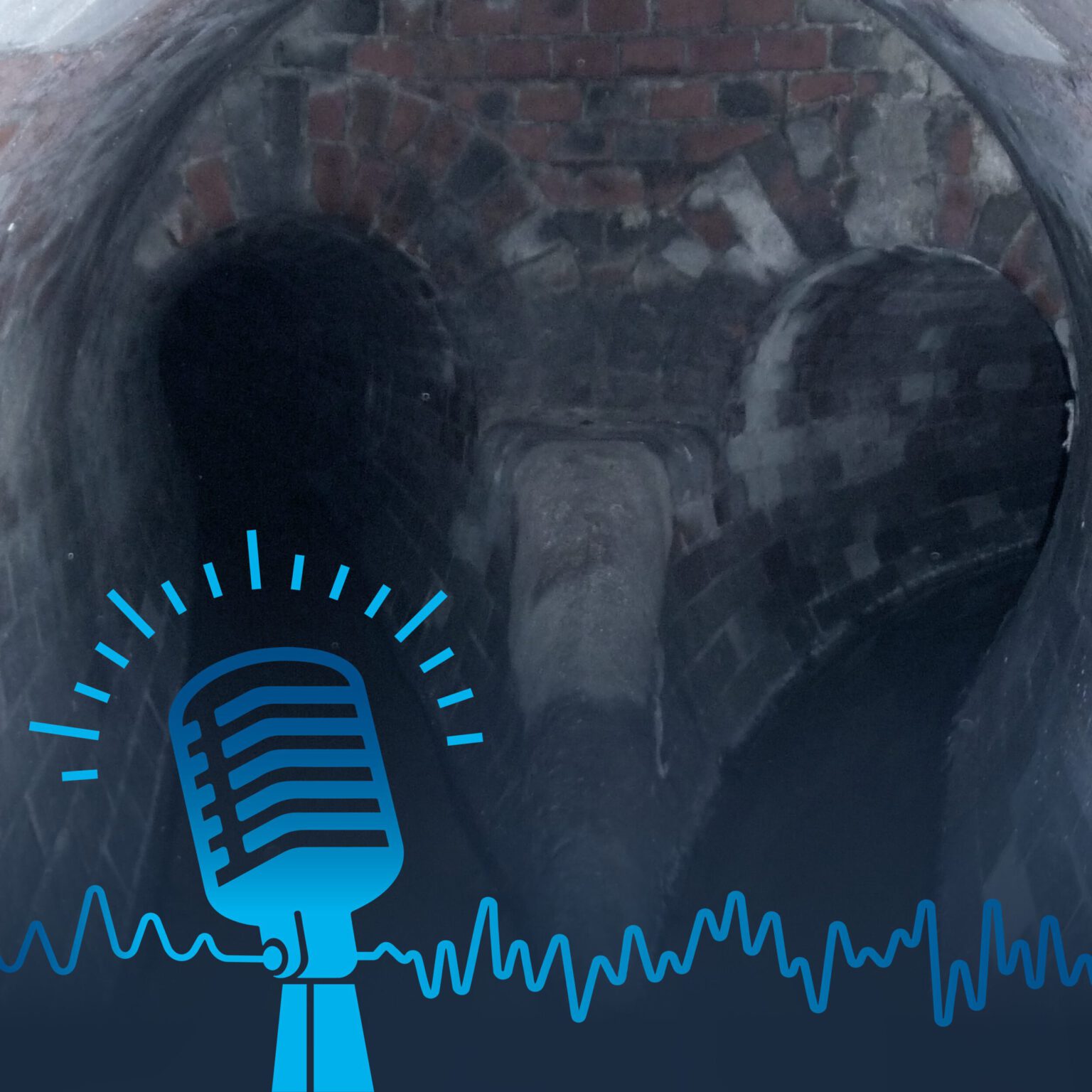 Das Bild zeigt einen gemauerten Tunnel mit zwei gewölbten Durchgängen. Im Vordergrund ist eine Illustration eines blauen Mikrofons zu sehen, von dem Schallwellen ausgehen.