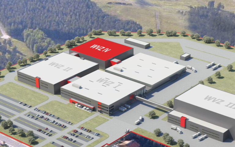 Grafisches 3D Modell zeigt Luftaufnahme eines Industriekomplexes mit mehreren Gebäuden, beschriftet mit WVZ I bis WVZ IV, umgeben von Parkplätzen, Straßen und Grünflächen; mehrere Lkw sind in der Nähe geparkt, was auf eine Logistik- oder Produktionsnutzung hinweist.