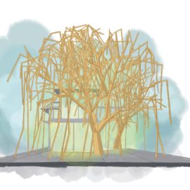 Das Bild zeigt eine künstlerische Illustration eines Gebäudes, das von einer komplexen Struktur aus goldfarbenen Stäben umgeben ist. Die Stäbe sind wie ein abstraktes Gerüst angeordnet und erinnern an Baumäste, die das Gebäude umhüllen. Der Hintergrund ist in sanften Blau- und Grautönen gehalten, was der Darstellung einen modernen und kreativen Charakter verleiht.