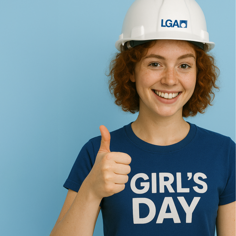 Das Bild zeigt eine Person mit weißem Schutzhelm mit dem Logo „LGA“ und einem blauen T-Shirt mit der Aufschrift „Girl's Day“. Die Person zeigt einen Daumen-hoch-Gestus.
