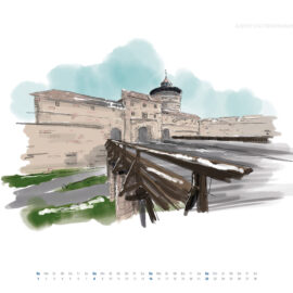 Das Bild zeigt eine künstlerische Illustration eines historischen Bauwerks, das wie ein Teil der Stadtmauer mit einem Tor und einem runden Turm gestaltet ist. Im Vordergrund verläuft eine hölzerne Brücke über einen Graben, die zur Mauer führt. Der Hintergrund ist in sanften Blau- und Grautönen gehalten, was der Szene einen malerischen und atmosphärischen Charakter verleiht.