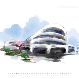 Das Bild zeigt eine künstlerische Illustration eines modernen Bürogebäudes mit geschwungenen, weißen Fassaden und großen Fensterfronten. Im Vordergrund steht ein blühender Baum mit rosa Blüten sowie mehrere grüne Sträucher, die die Szene beleben. Der Hintergrund ist in sanften Blautönen gehalten und vermittelt eine offene, freundliche Atmosphäre.