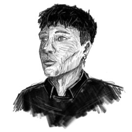 Das Bild zeigt eine schwarz-weiße Zeichnung einer Person in einem minimalistischen Stil. Die Kleidung besteht aus einem dunklen Oberteil mit einem hohen Kragen und klaren Linien, die die Schulterpartie betonen. Auffällig ist ein länglicher Ohrring an einem Ohr, der dem Porträt einen markanten Akzent verleiht.