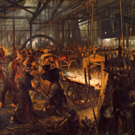 Das Bild zeigt eine belebte industrielle Szene in einer Fabrikhalle. Zahlreiche Arbeiter sind mit verschiedenen Tätigkeiten beschäftigt, darunter das Bedienen von Maschinen und der Umgang mit flüssigem Metall. Die Halle ist mit großen Maschinen, Zahnrädern und Überkopfstrukturen ausgestattet und vermittelt eine intensive Arbeitsatmosphäre.