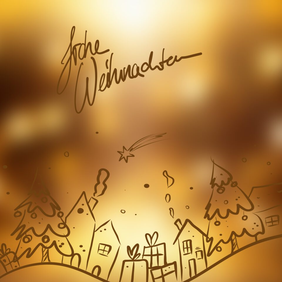 Das Bild zeigt eine festliche Szene mit goldenem Hintergrund. Im Vordergrund sind stilisierte Zeichnungen von Häusern, Weihnachtsbäumen und Geschenken zu sehen. Am Himmel über den Häusern ist eine Sternschnuppe dargestellt, oben links steht Frohe Weihnachten.