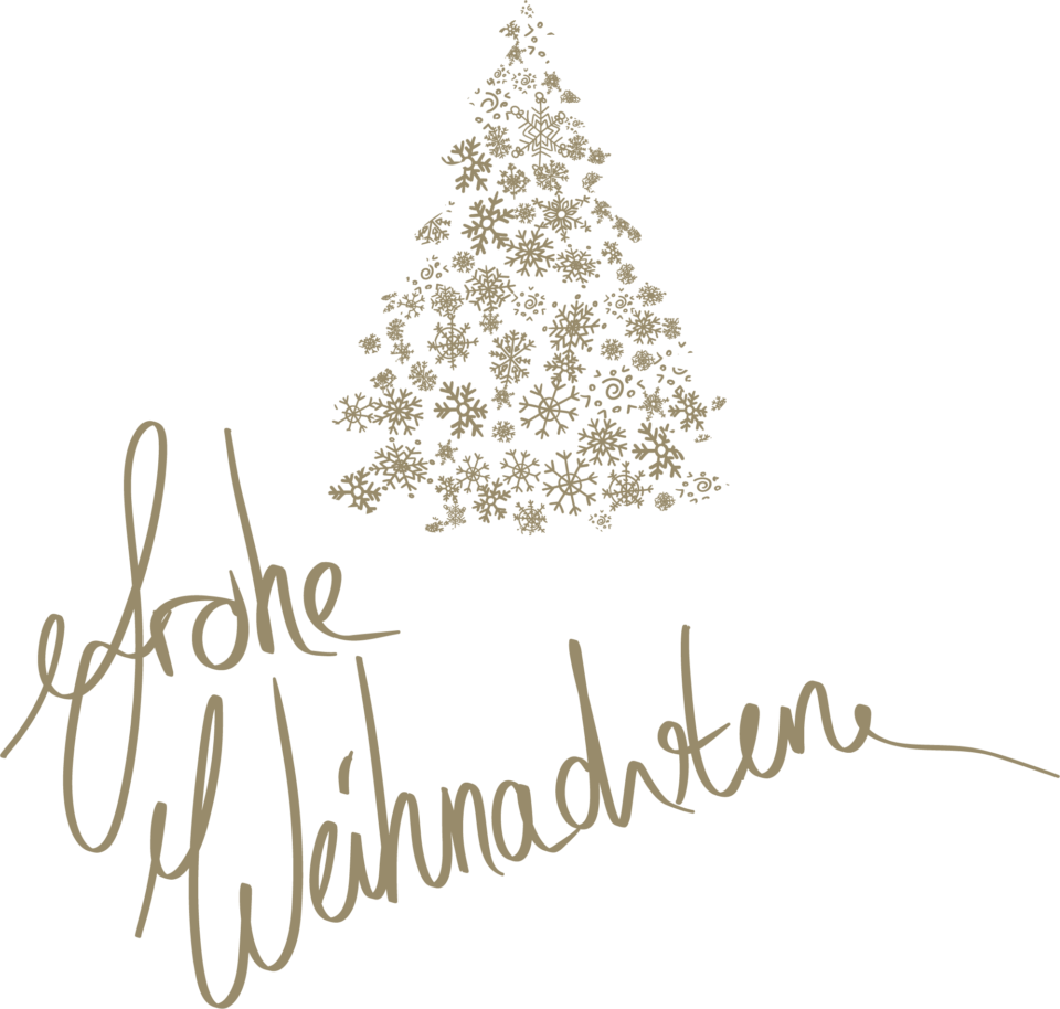 Das Bild zeigt eine stilisierte Weihnachtsgrafik auf weißem Hintergrund. Oben ist ein Tannenbaum aus vielen kleinen goldfarbenen Schneeflocken zusammengesetzt, darunter steht in geschwungener Schrift ein festlicher Gruß. Die Gestaltung wirkt elegant und minimalistisch mit einem klaren Fokus auf die weihnachtliche Symbolik.