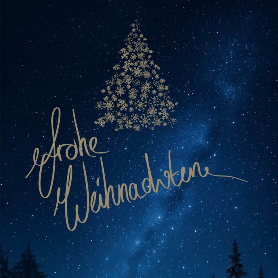 Das Bild zeigt eine weihnachtliche Grafik vor einem tiefblauen Sternenhimmel. Im oberen Bereich ist ein stilisierter Tannenbaum aus goldfarbenen Schneeflocken dargestellt, darunter steht in geschwungener goldener Schrift ein festlicher Gruß. Der Hintergrund zeigt zahlreiche Sterne und die Milchstraße, was der Gestaltung einen eleganten und stimmungsvollen Charakter verleiht.