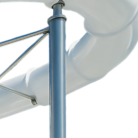 Das Bild zeigt einen Abschnitt eines großen, weißen, gebogenen Rohrs, das von einem Metallgerüst getragen wird. Das Rohr ist vermutlich Teil einer Außenkonstruktion wie einer Wasserrutsche. Das Gerüst besteht aus senkrechten und diagonalen Streben zur Stabilisierung.