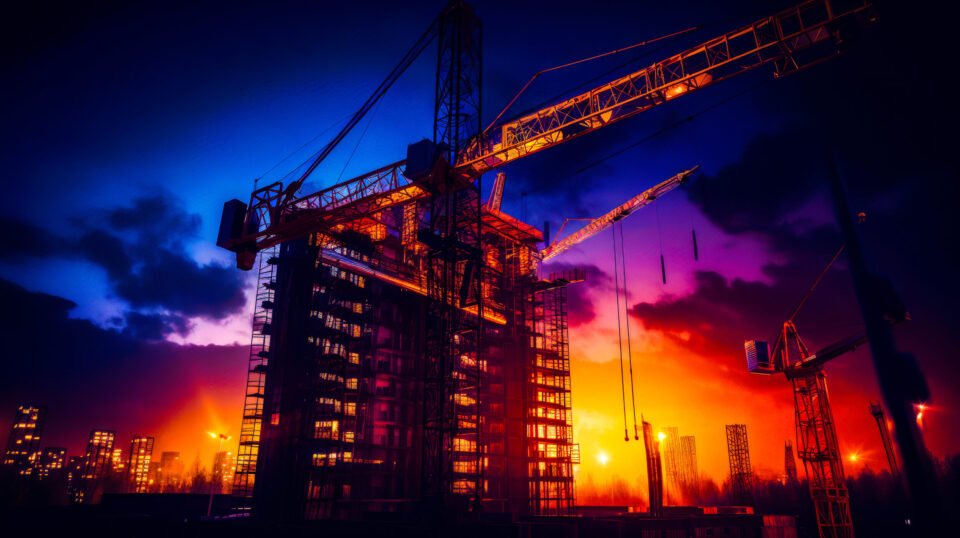Das Bild zeigt eine Baustelle bei Sonnenauf- oder -untergang mit mehreren Kränen und einem teilweise errichteten Gebäude. Der Himmel ist in kräftigen Blau-, Violett- und Orangetönen gefärbt, und das Bauwerk wird von künstlichem Licht beleuchtet. Im Hintergrund sind weitere Gebäude und Kräne als Silhouetten sichtbar.