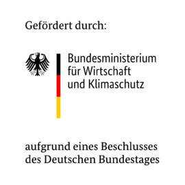 Das Bild zeigt einen Förderhinweis mit dem Text „Gefördert durch: Bundesministerium für Wirtschaft und Klimaschutz aufgrund eines Beschlusses des Deutschen Bundestages“.