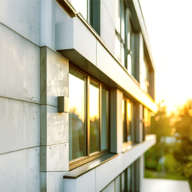 Das Bild zeigt die Außenansicht eines modernen Gebäudes mit großen Fenstern, die das Sonnenlicht reflektieren. Die Architektur ist klar und geradlinig, mit glatten Oberflächen. Im Hintergrund sorgt ein Sonnenauf- oder -untergang für eine warme Lichtstimmung, während in der Ferne Bäume und Grünflächen zu sehen sind.