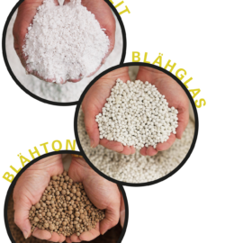 Das Bild zeigt drei kreisförmige Fotos von verschiedenen Materialien, die jeweils in Händen gehalten werden. Oben ist ein weißes, grobkörniges Material zu sehen, in der Mitte kleine, weiße Kügelchen und unten braune, runde Körner. Die Materialien unterscheiden sich deutlich in Farbe und Struktur.