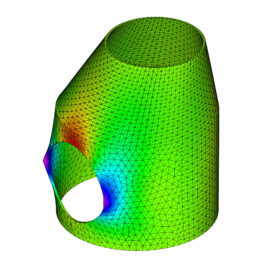 Das Bild zeigt ein 3D-Modell einer Finite-Elemente-Analyse (FEA) eines zylindrischen Bauwerks mit konischer Spitze und elliptischer Aussparung an der Seite. Die Farbskala stellt die Spannungsverteilung dar, wobei Grün geringe und Rot sowie Blau höhere Spannungen anzeigen. Ein Gitternetz überzieht das Modell und zeigt die Unterteilung in Analyse-Elemente.
