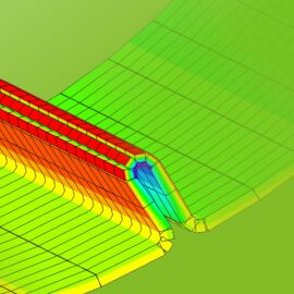 Das Bild zeigt eine technische Simulation oder Analyse eines Rohrsystems mit farblich markierten Belastungs- und Druckzonen. Die Darstellung verwendet ein Farbverlauf von Grün über Gelb bis Rot, um unterschiedliche Spannungen oder Belastungen im Material zu verdeutlichen. Im Zentrum ist eine scharfe Biegung des Rohres zu sehen, die blau markiert ist und auf eine kritische Stelle hinweist, während die geraden Abschnitte überwiegend rot und gelb gefärbt sind. Die gesamte Grafik ist auf einem grünen Hintergrund dargestellt und zeigt eine detaillierte Netzstruktur zur Berechnung.