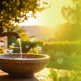 Das Bild zeigt einen steinernen Trinkwasserbrunnen im Freien, aus dessen Metallhahn Wasser in ein Becken fließt. Im Hintergrund sind Pflanzen und Sonnenlicht zu sehen. Über dem Bild sind chemische Bezeichnungen eingeblendet, die auf mögliche Wasserverunreinigungen hinweisen.