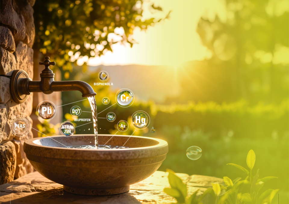 Das Bild zeigt einen steinernen Trinkwasserbrunnen im Freien, aus dessen Metallhahn Wasser in ein Becken fließt. Im Hintergrund sind Pflanzen und Sonnenlicht zu sehen. Über dem Bild sind chemische Bezeichnungen eingeblendet, die auf mögliche Wasserverunreinigungen hinweisen.