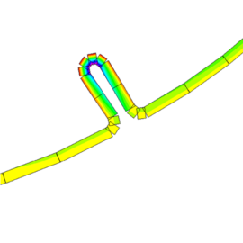 Das Bild zeigt eine technische Simulation eines Rohrsystems mit einer markierten Biegung. Die Darstellung verwendet einen Farbverlauf von Grün über Gelb bis Rot, um unterschiedliche Belastungs- oder Spannungsbereiche darzustellen. Besonders auffällig ist die enge U-förmige Biegung in der Mitte, die blau markiert ist und auf eine kritische Zone hinweist, während die geraden Rohrabschnitte überwiegend gelb gefärbt sind. Die Grafik ist auf einem weißen Hintergrund dargestellt und zeigt eine vereinfachte Netzstruktur zur Analyse.