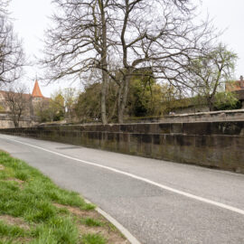 Das Bild zeigt eine asphaltierte Straße mit weißen Fahrbahnmarkierungen, die an einer Steinmauer entlangführt. Auf beiden Seiten der Straße stehen Bäume, teils mit, teils ohne Laub. Im Hintergrund ist ein Gebäude mit rotem Dach und spitzem Turm zu sehen, links neben der Straße befindet sich eine Grasfläche.