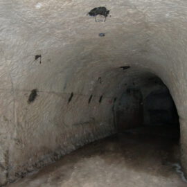 Das Bild zeigt einen unterirdischen Tunnel mit gewölbter Decke und unebenen, feuchten Boden. Die Wände und die Decke bestehen aus grobem Stein oder Beton und weisen mehrere kleine Öffnungen oder Vertiefungen auf.