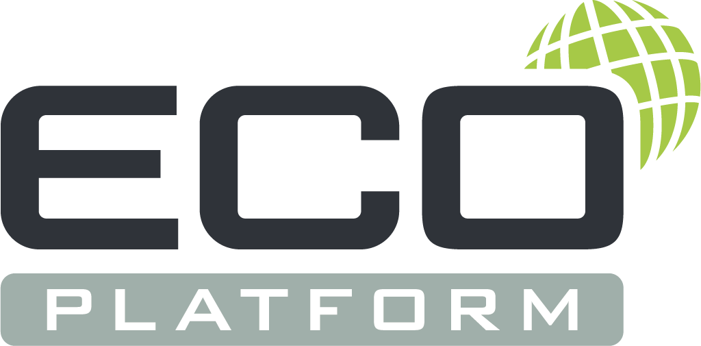 Das Bild zeigt ein Logo mit dem Wort ECO in großen schwarzen Buchstaben und darunter das Wort PLATFORM in weißer Schrift auf einem grauen Hintergrund. Rechts oben befindet sich eine stilisierte grüne Weltkugel mit einem Gittermuster, die Nachhaltigkeit und globale Vernetzung symbolisiert. Das Design wirkt modern und ist auf Umwelt- und Ökothemen ausgerichtet.