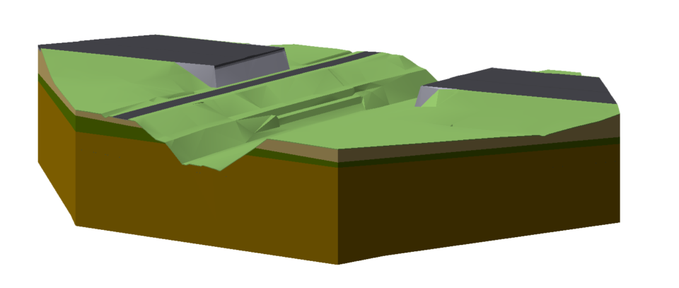 Das Bild zeigt ein 3D-Modell eines geologischen Querschnitts mit mehreren Erdschichten. Die oberste grüne Schicht stellt die Oberfläche dar, auf der zwei graue Bauwerke stehen. Darunter sind verschiedenfarbige Schichten zu sehen, die unterschiedliche geologische Ebenen darstellen.