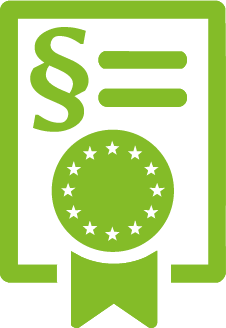 Das Bild zeigt ein grünes Symbol, das eine Urkunde oder ein Zertifikat darstellt. In der Mitte befindet sich ein Kreis mit einem Sternenkranz, der an die Europäische Union erinnert, darüber sind zwei Linien und ein Paragraphenzeichen zu sehen. Unten ist ein Band wie bei einer Auszeichnung angebracht, was auf rechtliche oder offizielle Zertifizierung hinweist.