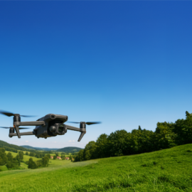 Eine Drohne fliegt über eine grüne Hügellandschaft mit Bäumen und Wiesen. Der Himmel ist klar und blau, was auf einen sonnigen Tag hinweist.