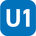 Das Bild zeigt ein quadratisches Symbol mit einem blauen Hintergrund und der weißen Aufschrift U1 in der Mitte. Es handelt sich um das Linienkennzeichen der U-Bahn-Linie U1, das für die Orientierung im öffentlichen Nahverkehr verwendet wird. Die Gestaltung ist schlicht und kontrastreich, um eine gute Lesbarkeit zu gewährleisten.