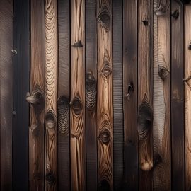 Das Bild zeigt eine Nahaufnahme einer Holzoberfläche, bestehend aus senkrecht verlaufenden Brettern. Das Holz hat eine dunkelbraune Farbe mit sichtbarer Maserung und einzelnen Astlöchern. Leichte Farbunterschiede zwischen den Brettern verleihen der Fläche eine natürliche und rustikale Struktur.
