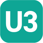 Das Bild zeigt ein quadratisches Symbol mit einem türkisfarbenen Hintergrund und der weißen Aufschrift U3 in der Mitte. Es handelt sich um das Linienkennzeichen der U-Bahn-Linie U3, das zur Orientierung im öffentlichen Nahverkehr dient. Die Gestaltung ist klar und kontrastreich, um eine gute Lesbarkeit zu gewährleisten.