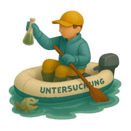 Illustration einer Person die in einem Schlauchboot sitzt mit der Aufschrift „Untersuchung“ und hält ein Paddel in der einen Hand sowie ein Fläschchen mit grüner Flüssigkeit in der anderen. Die Person trägt eine gelbe Mütze, eine blaue Jacke und gelbe Hose; neben dem Boot springt ein Fisch aus dem Wasser.