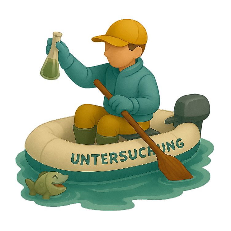 Illustration einer Person die in einem Schlauchboot sitzt mit der Aufschrift „Untersuchung“ und hält ein Paddel in der einen Hand sowie ein Fläschchen mit grüner Flüssigkeit in der anderen. Die Person trägt eine gelbe Mütze, eine blaue Jacke und gelbe Hose; neben dem Boot springt ein Fisch aus dem Wasser.