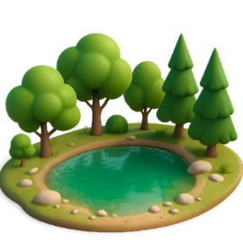 Die Illustration zeigt einen kleinen Teich mit klarem, blauem Wasser, umgeben von Gras, Steinen und verschiedenen Bäumen. Zu sehen sind Laubbäume mit runden Kronen und Nadelbäume mit spitzen Wipfeln in einer ruhigen, natürlichen Landschaft.
