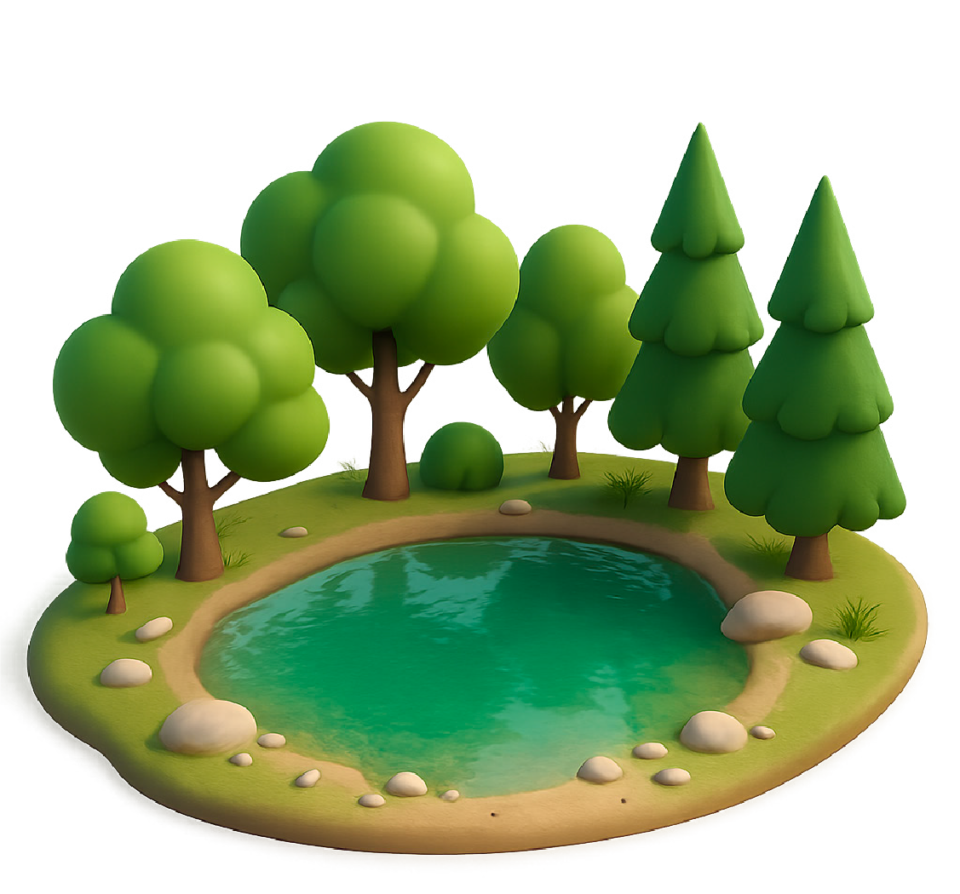 Die Illustration zeigt einen kleinen Teich mit klarem, blauem Wasser, umgeben von Gras, Steinen und verschiedenen Bäumen. Zu sehen sind Laubbäume mit runden Kronen und Nadelbäume mit spitzen Wipfeln in einer ruhigen, natürlichen Landschaft.