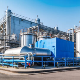 Das Bild zeigt eine Wasserstoffanlage mit großen Stahltanks und Rohrleitungen, aufgenommen aus einem Weitwinkelblickwinkel. Im Vordergrund liegt etwas Schnee, was auf eine kalte Umgebung hinweist. Die Anlage wirkt sauber und gut gepflegt und steht für die Erzeugung sauberer Wasserstoffenergie.