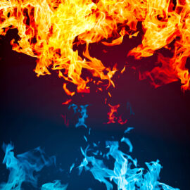 Leuchtende Darstellung von Flammen mit orange-gelben Flammen im oberen Bereich und blauen Flammen im unteren Bereich vor dunklem Hintergrund.