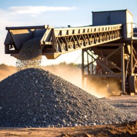 Eine große Maschine mit Förderband kippt Schotter auf einen wachsenden Steinhaufen. Im Hintergrund sind weitere Erdhügel und eine staubige Baustellenfläche zu sehen, die von warmem Sonnenlicht beleuchtet wird. Die Szene vermittelt den Eindruck einer aktiven Baustelle oder eines Steinbruchs.