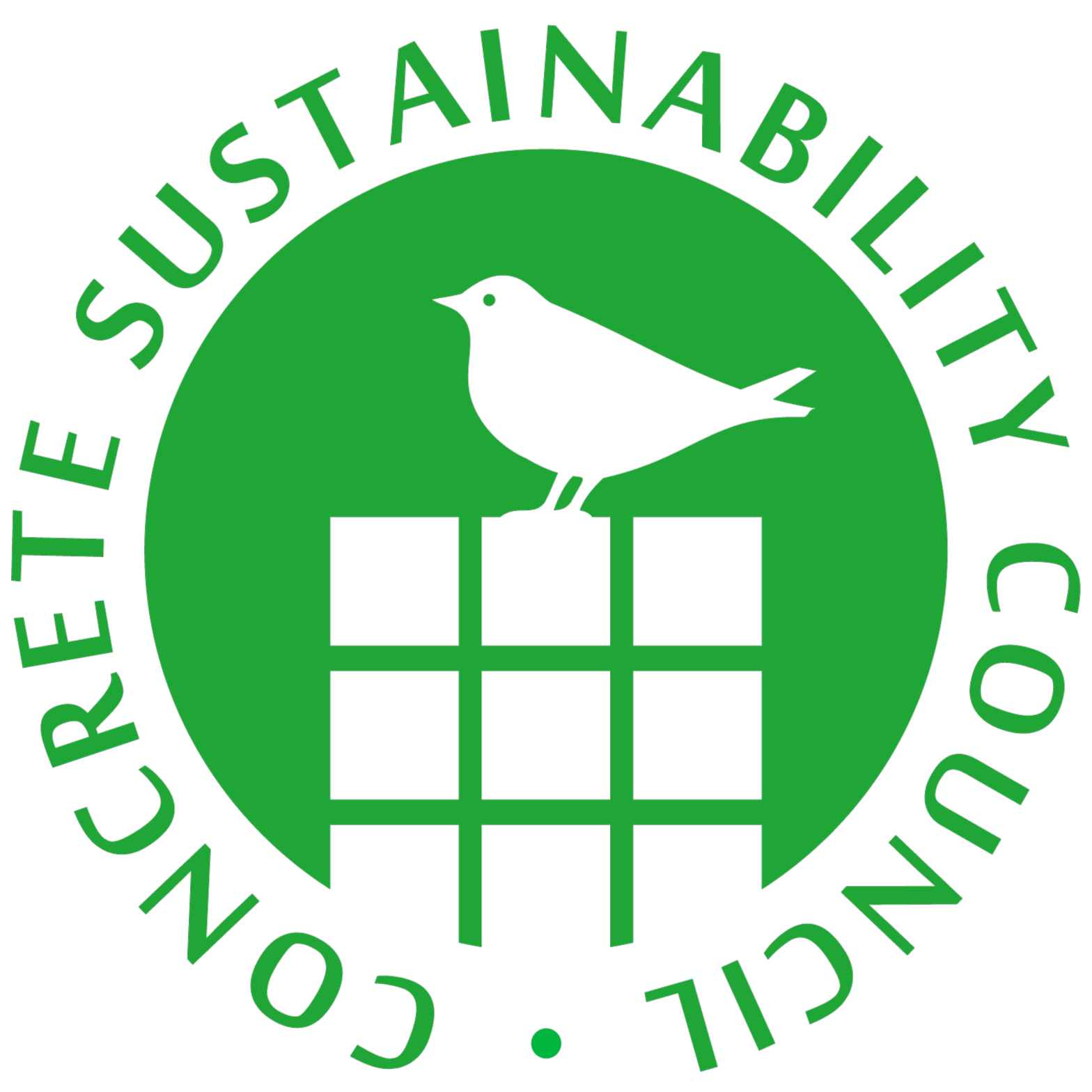 Das Bild zeigt ein grünes kreisförmiges Logo mit einem weißen Vogel, der auf einem stilisierten Raster aus neun Quadraten sitzt. Der Kreis enthält einen umlaufenden Text in grüner Farbe, der den Namen einer Organisation darstellt. Das Design wirkt schlicht und symbolisiert Nachhaltigkeit und Naturverbundenheit.